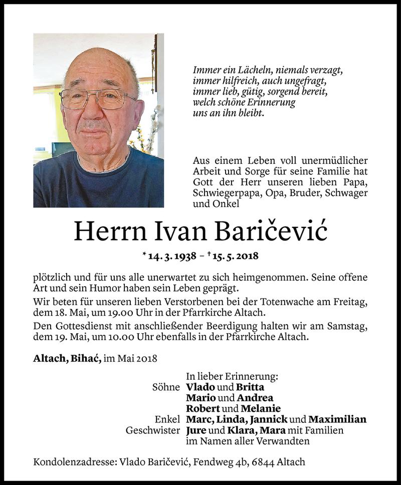  Todesanzeige für Ivan Baricevic vom 17.05.2018 aus Vorarlberger Nachrichten