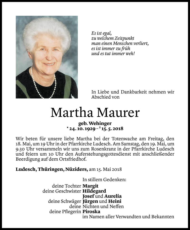  Todesanzeige für Martha Maurer vom 16.05.2018 aus Vorarlberger Nachrichten