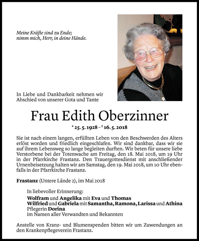  Todesanzeige für Edith Oberzinner vom 16.05.2018 aus Vorarlberger Nachrichten