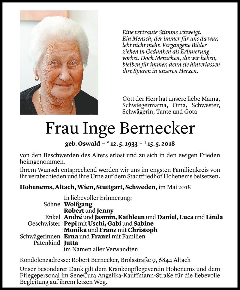  Todesanzeige für Inge Bernecker vom 19.05.2018 aus Vorarlberger Nachrichten