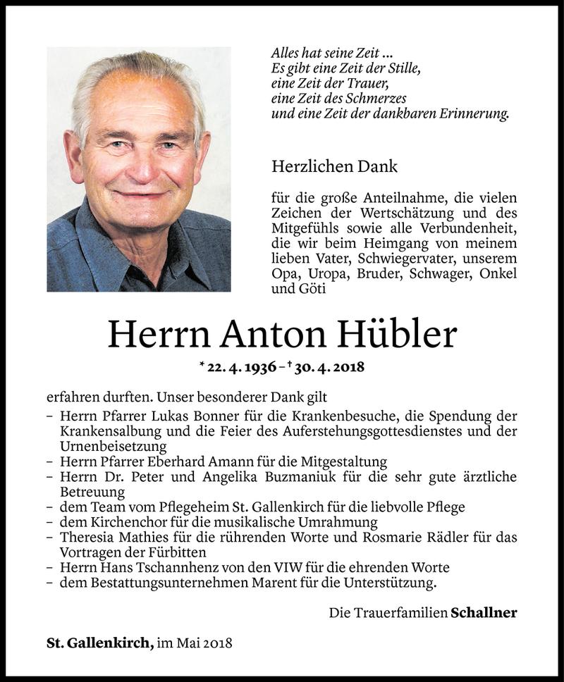  Todesanzeige für Anton Hübler vom 18.05.2018 aus Vorarlberger Nachrichten