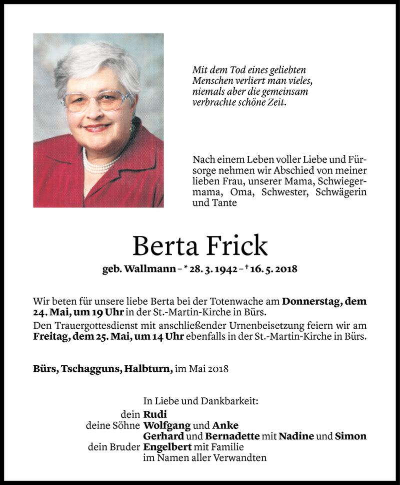  Todesanzeige für Berta Frick vom 19.05.2018 aus Vorarlberger Nachrichten