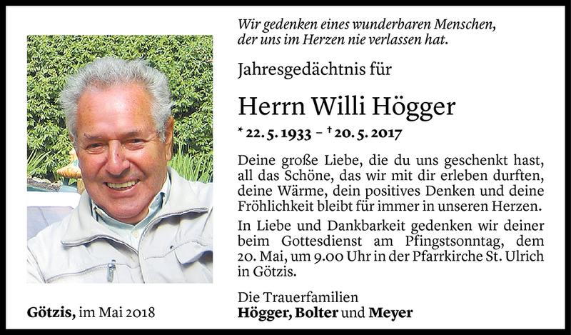  Todesanzeige für Willi Högger vom 19.05.2018 aus Vorarlberger Nachrichten