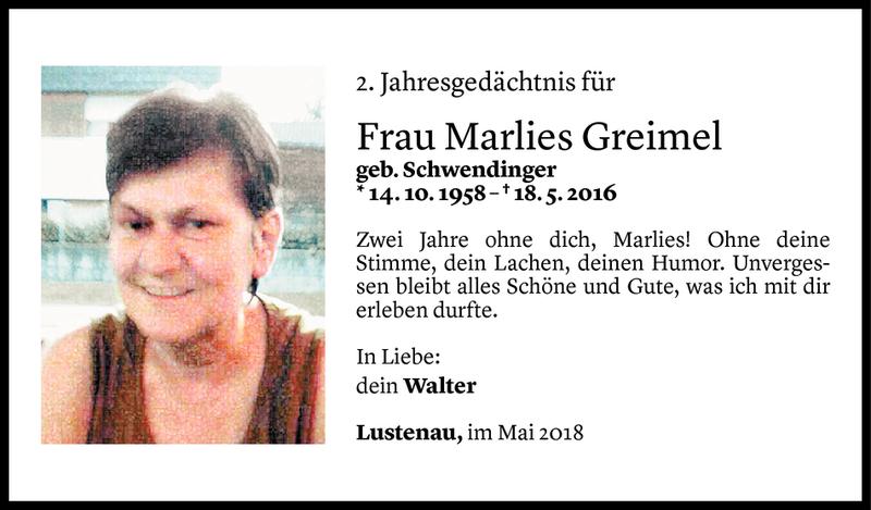  Todesanzeige für Marlies Greimel vom 18.05.2018 aus Vorarlberger Nachrichten