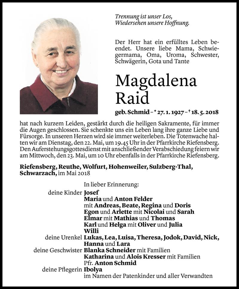  Todesanzeige für Magdalena Raid vom 18.05.2018 aus Vorarlberger Nachrichten