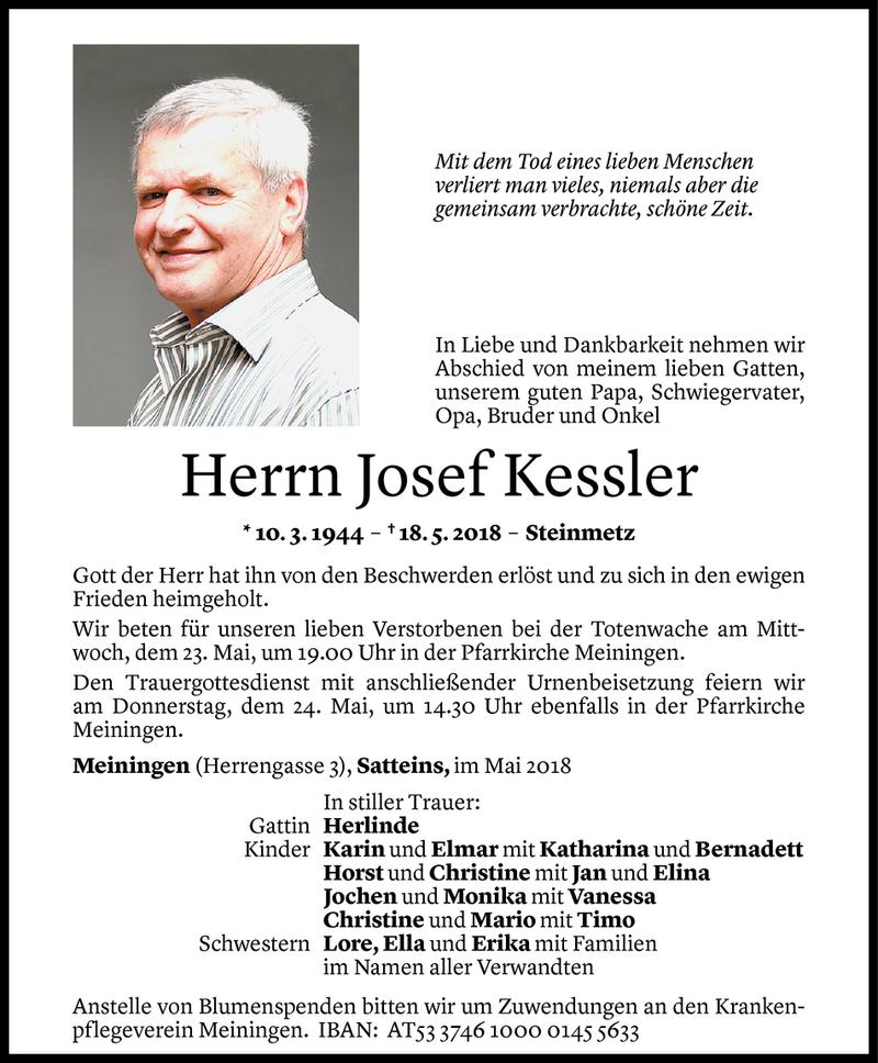  Todesanzeige für Josef Kessler vom 19.05.2018 aus Vorarlberger Nachrichten