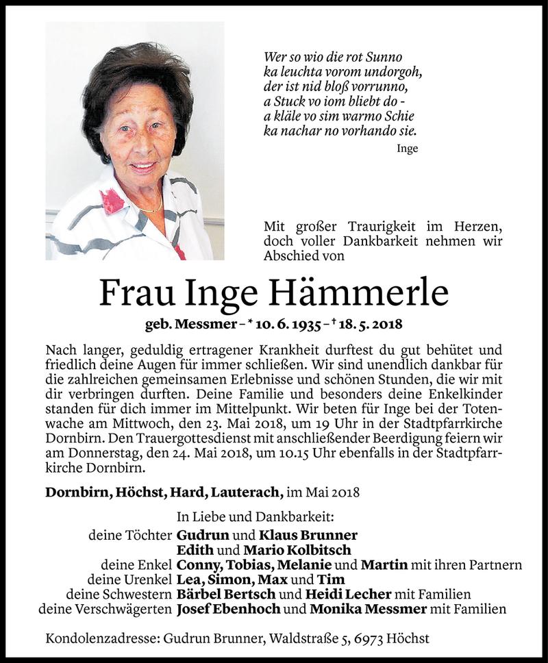  Todesanzeige für Inge Hämmerle vom 21.05.2018 aus Vorarlberger Nachrichten