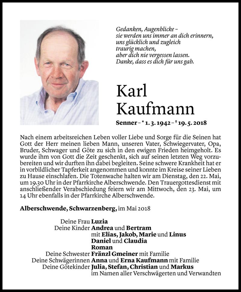  Todesanzeige für Karl Kaufmann vom 21.05.2018 aus Vorarlberger Nachrichten