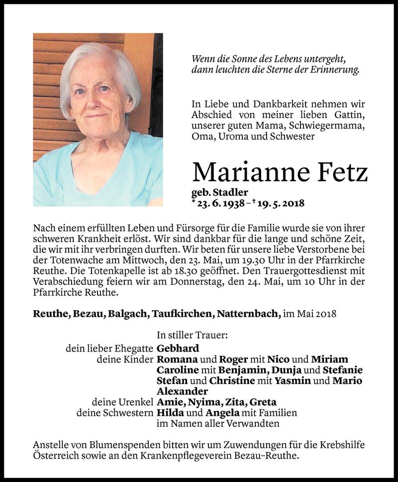  Todesanzeige für Marianne Fetz vom 21.05.2018 aus Vorarlberger Nachrichten