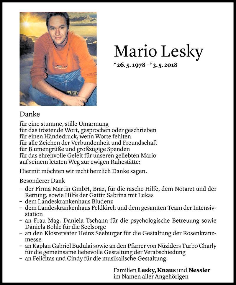  Todesanzeige für Mario Lesky vom 22.05.2018 aus Vorarlberger Nachrichten