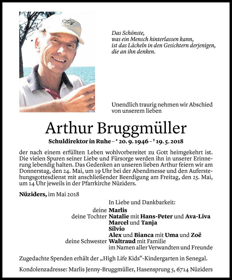  Todesanzeige für Arthur Bruggmüller vom 23.05.2018 aus Vorarlberger Nachrichten