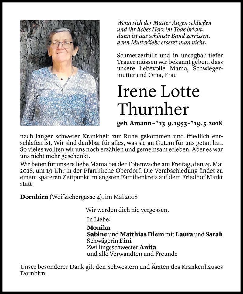  Todesanzeige für Irene Lotte Thurnher vom 22.05.2018 aus Vorarlberger Nachrichten