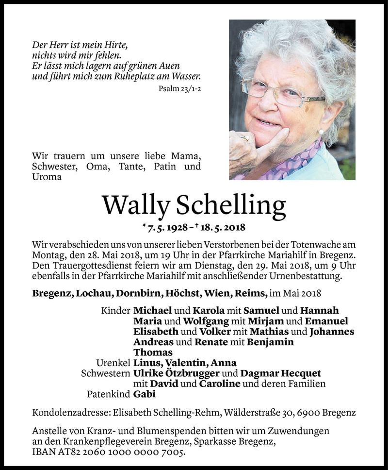  Todesanzeige für Wally Schelling vom 23.05.2018 aus Vorarlberger Nachrichten
