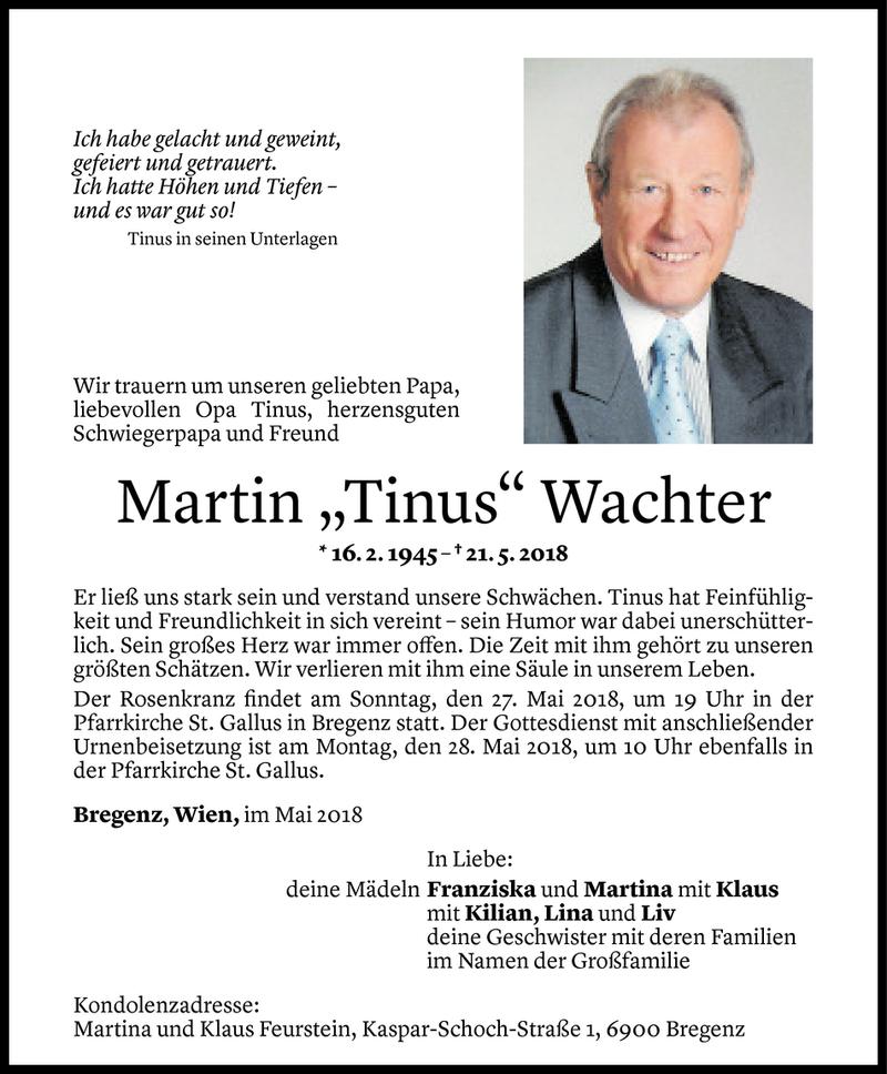  Todesanzeige für Martin Wachter vom 25.05.2018 aus Vorarlberger Nachrichten