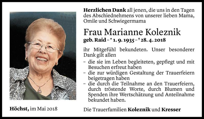  Todesanzeige für Marianne Koleznik vom 25.05.2018 aus Vorarlberger Nachrichten