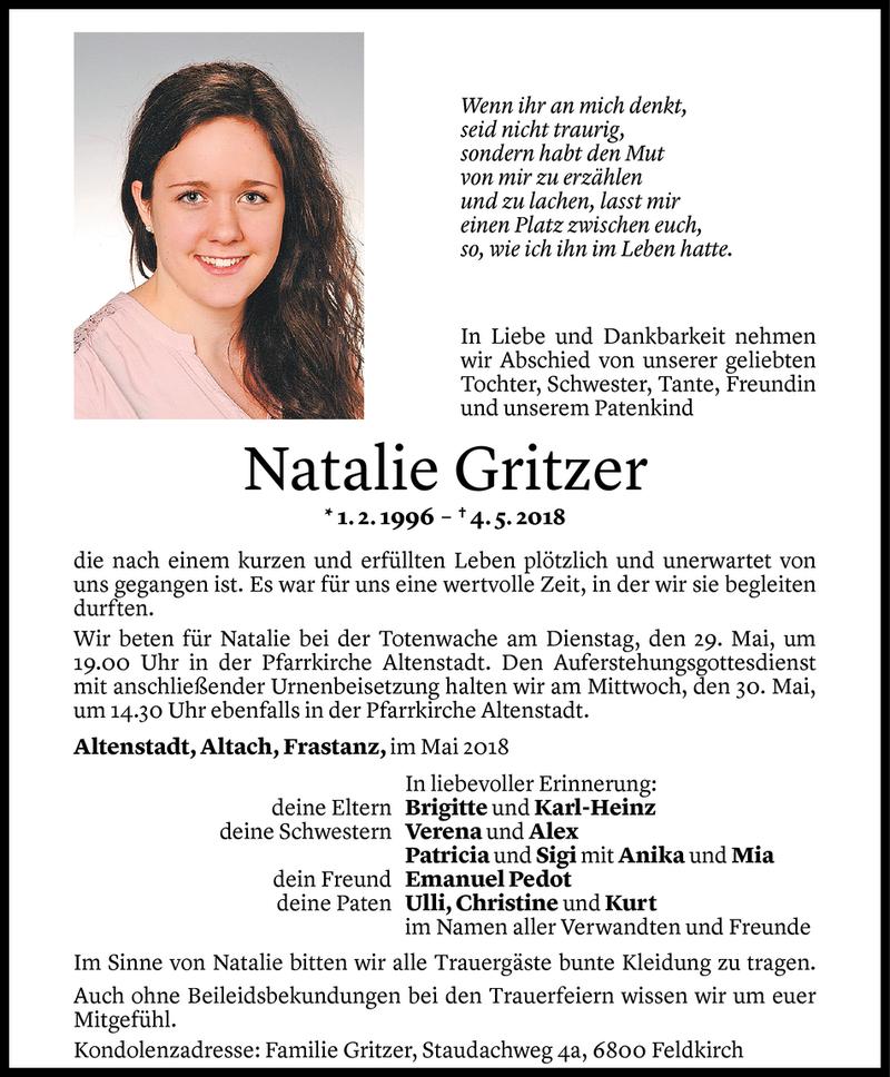  Todesanzeige für Natalie Gritzer vom 26.05.2018 aus Vorarlberger Nachrichten
