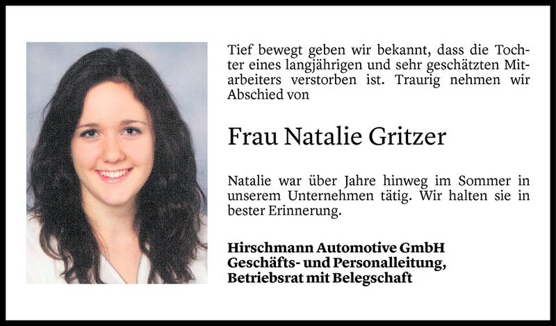  Todesanzeige für Natalie Gritzer vom 26.05.2018 aus Vorarlberger Nachrichten