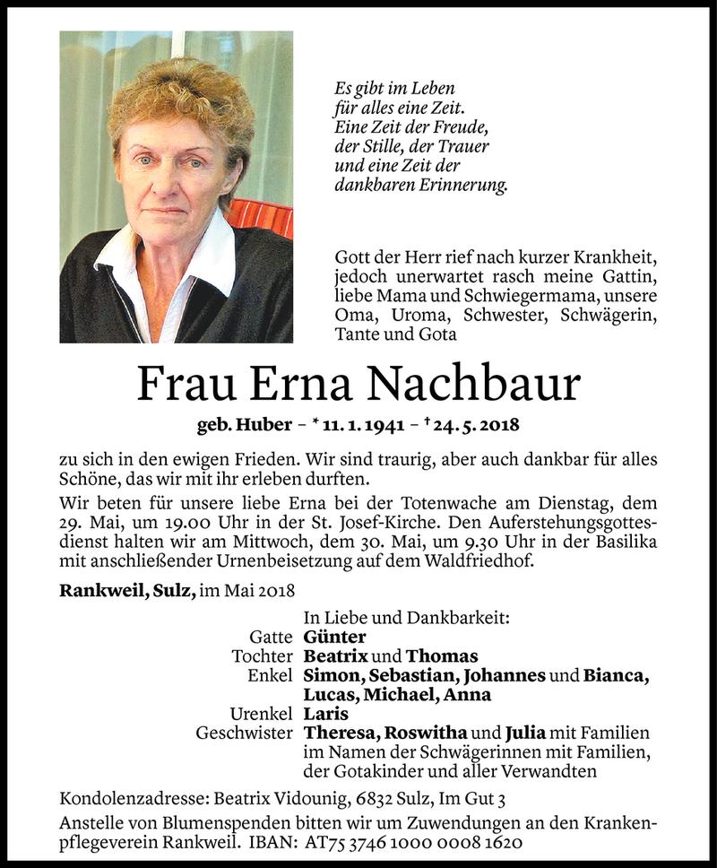  Todesanzeige für Erna Nachbaur vom 26.05.2018 aus Vorarlberger Nachrichten