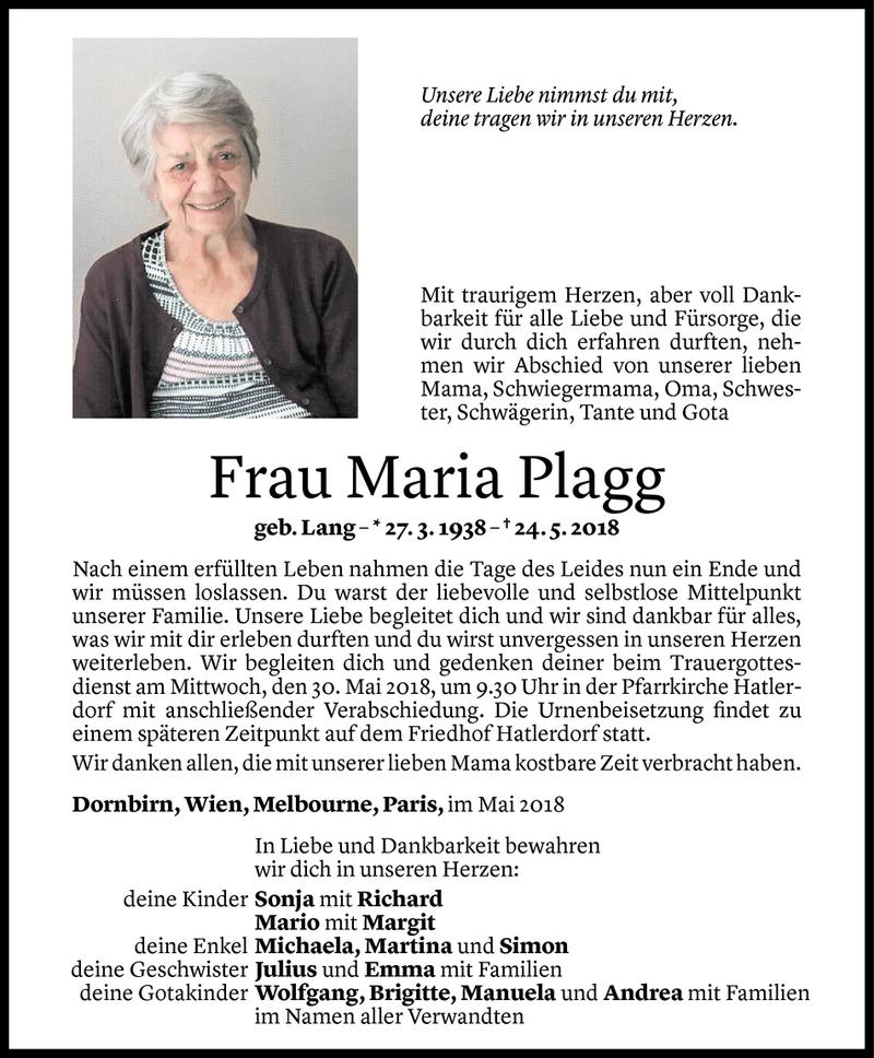  Todesanzeige für Maria Plagg vom 25.05.2018 aus Vorarlberger Nachrichten
