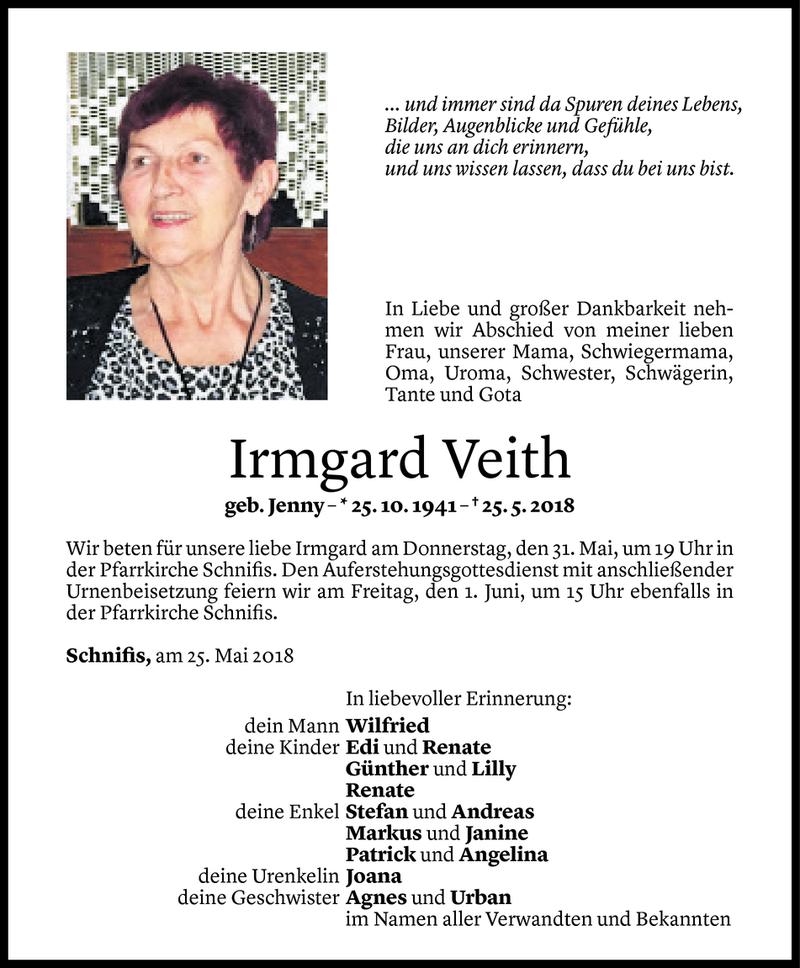  Todesanzeige für Irmgard Veith vom 28.05.2018 aus Vorarlberger Nachrichten