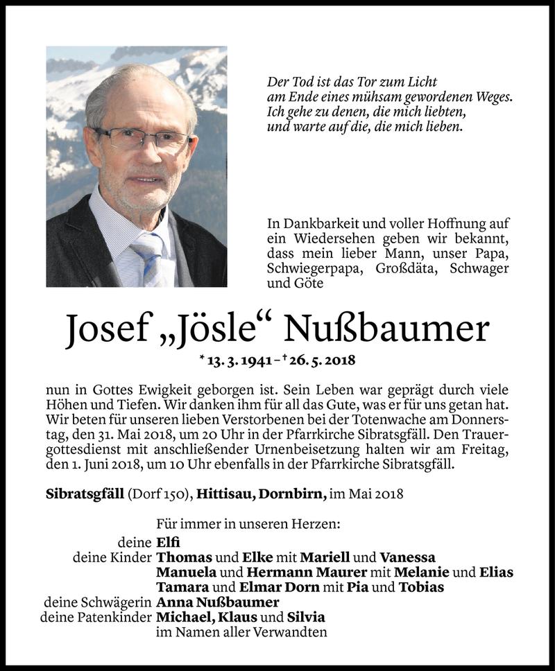  Todesanzeige für Josef Nußbaumer vom 28.05.2018 aus Vorarlberger Nachrichten