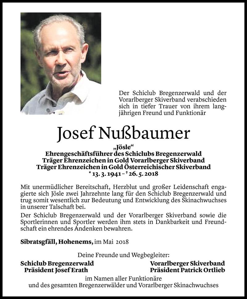  Todesanzeige für Josef Nußbaumer vom 28.05.2018 aus Vorarlberger Nachrichten