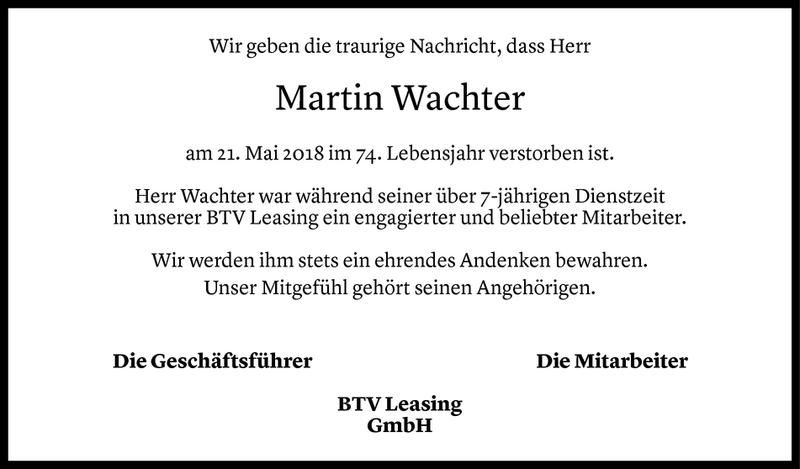  Todesanzeige für Martin Wachter vom 28.05.2018 aus Vorarlberger Nachrichten