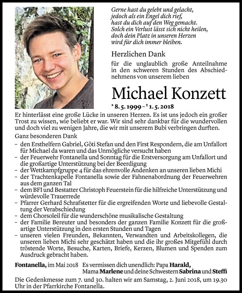  Todesanzeige für Michael Konzett vom 02.06.2018 aus Vorarlberger Nachrichten