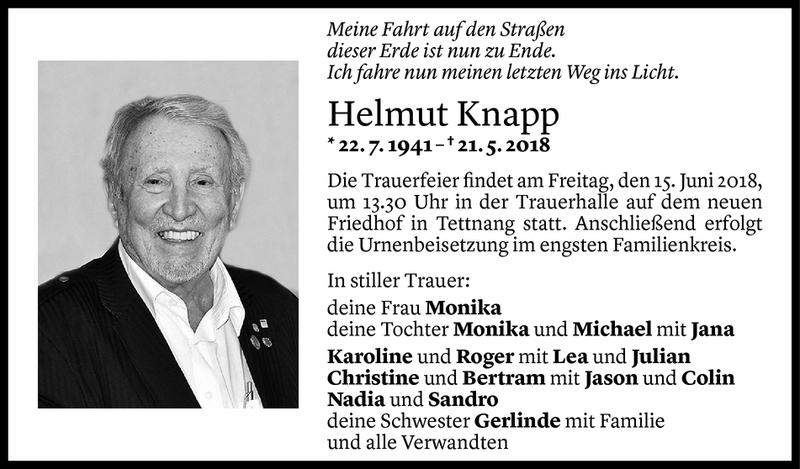  Todesanzeige für Helmut Knapp vom 29.05.2018 aus Vorarlberger Nachrichten