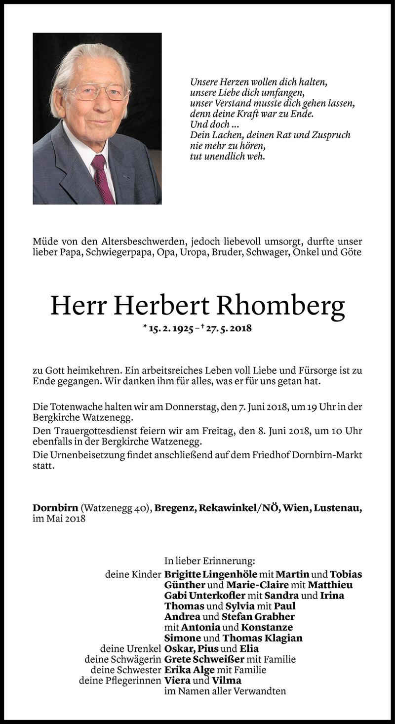  Todesanzeige für Herbert Rhomberg vom 01.06.2018 aus Vorarlberger Nachrichten
