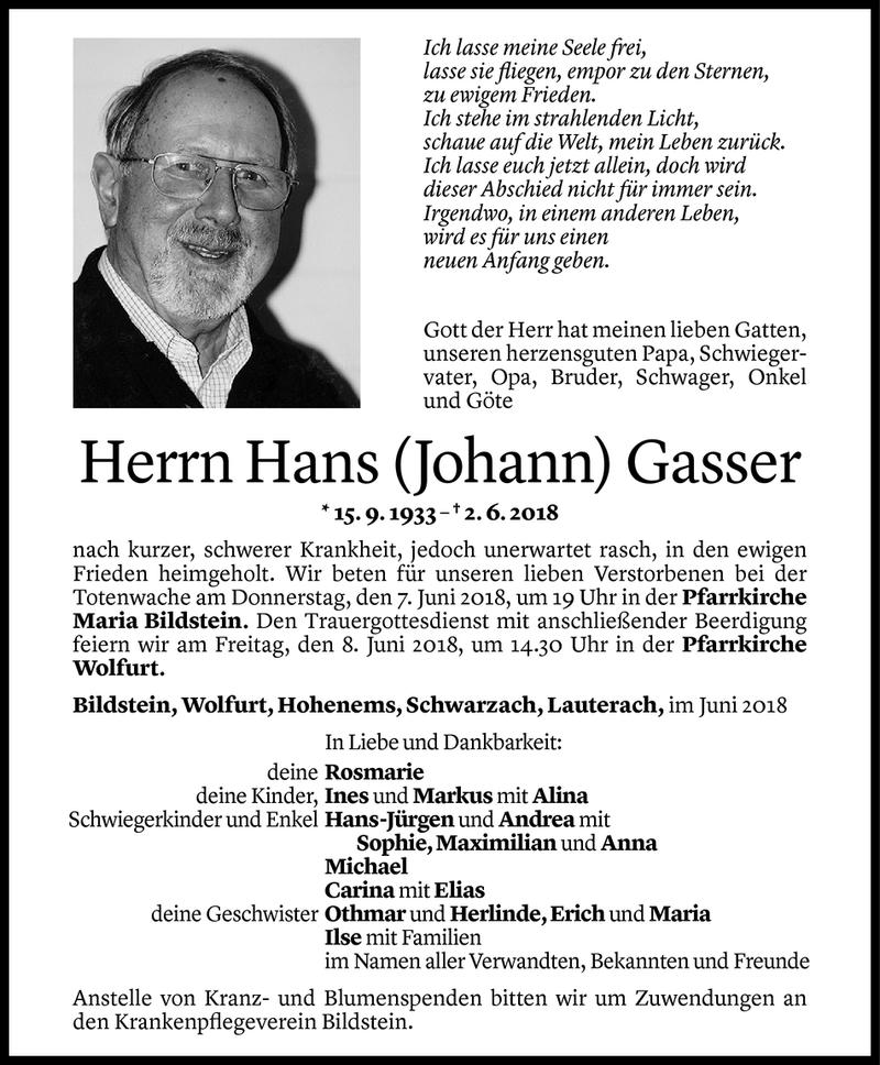  Todesanzeige für Hans (Johann) Gasser vom 05.06.2018 aus Vorarlberger Nachrichten