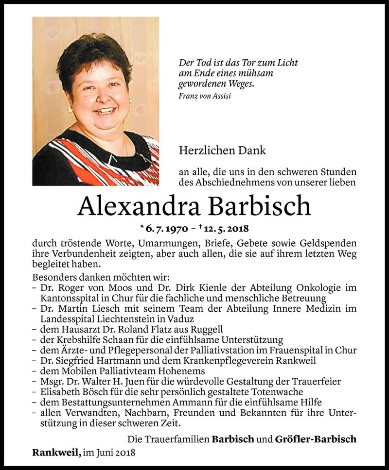  Todesanzeige für Alexandra Barbisch vom 08.06.2018 aus Vorarlberger Nachrichten