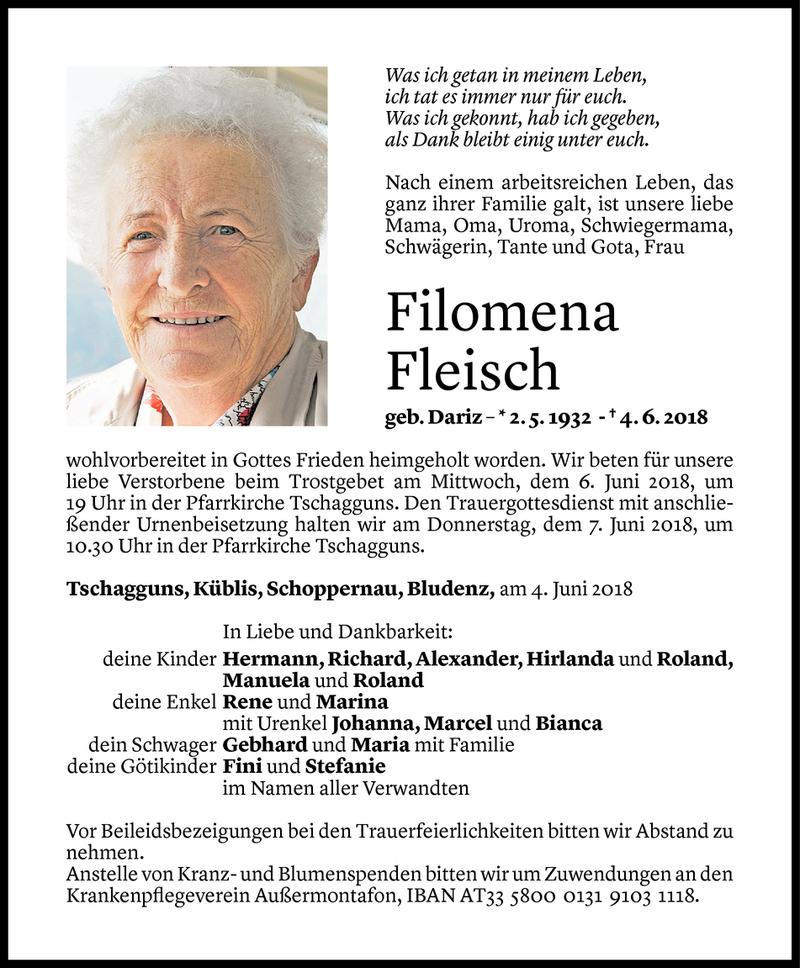  Todesanzeige für Filomena Fleisch vom 05.06.2018 aus Vorarlberger Nachrichten