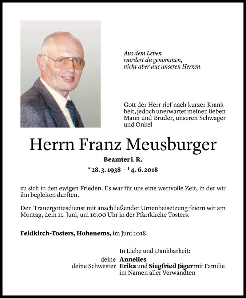  Todesanzeige für Franz Meusburger vom 08.06.2018 aus Vorarlberger Nachrichten