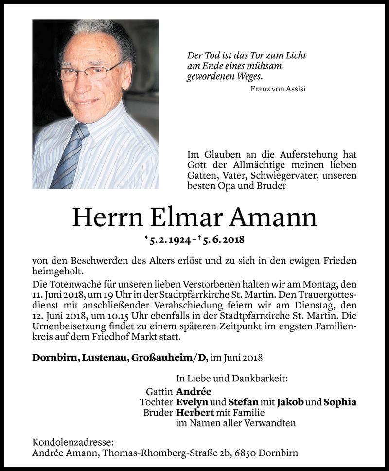  Todesanzeige für Elmar Amann vom 08.06.2018 aus Vorarlberger Nachrichten
