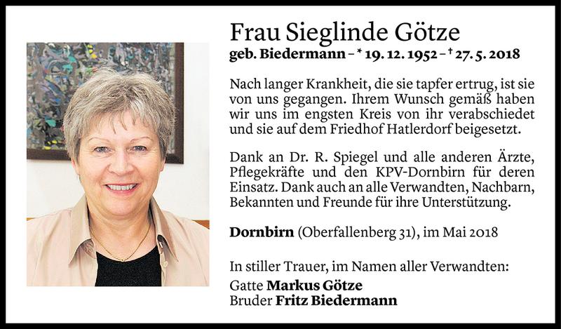  Todesanzeige für Sieglinde Götze vom 09.06.2018 aus Vorarlberger Nachrichten