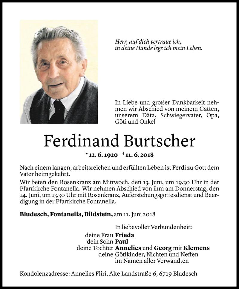  Todesanzeige für Ferdinand Burtscher vom 11.06.2018 aus Vorarlberger Nachrichten
