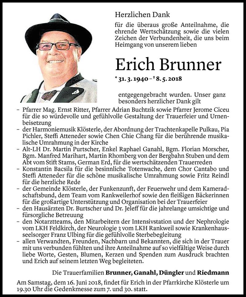  Todesanzeige für Erich Brunner vom 13.06.2018 aus Vorarlberger Nachrichten