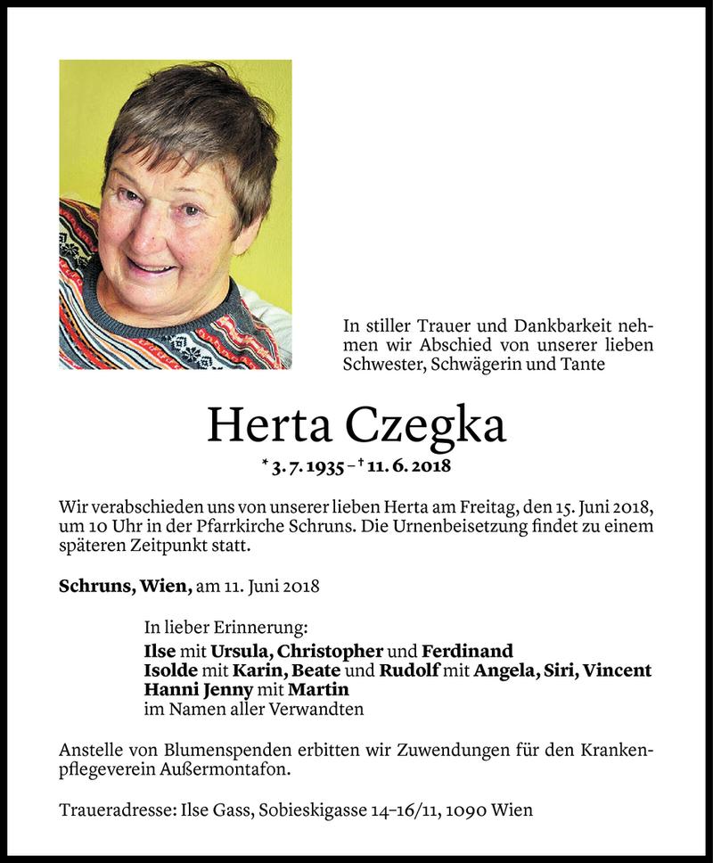  Todesanzeige für Herta Czegka vom 12.06.2018 aus Vorarlberger Nachrichten