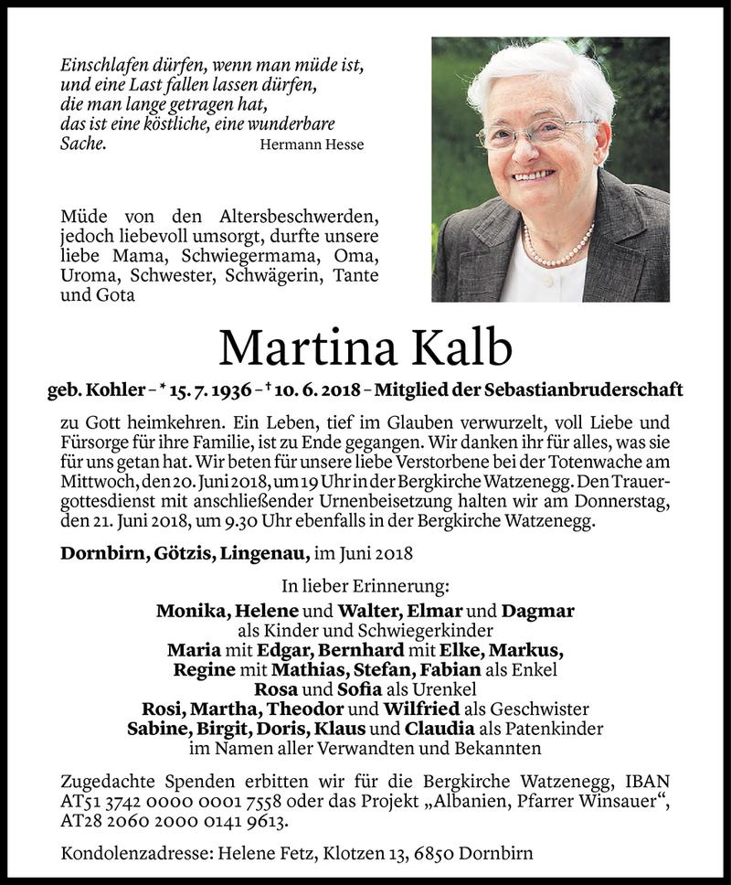  Todesanzeige für Martina Kalb vom 17.06.2018 aus Vorarlberger Nachrichten