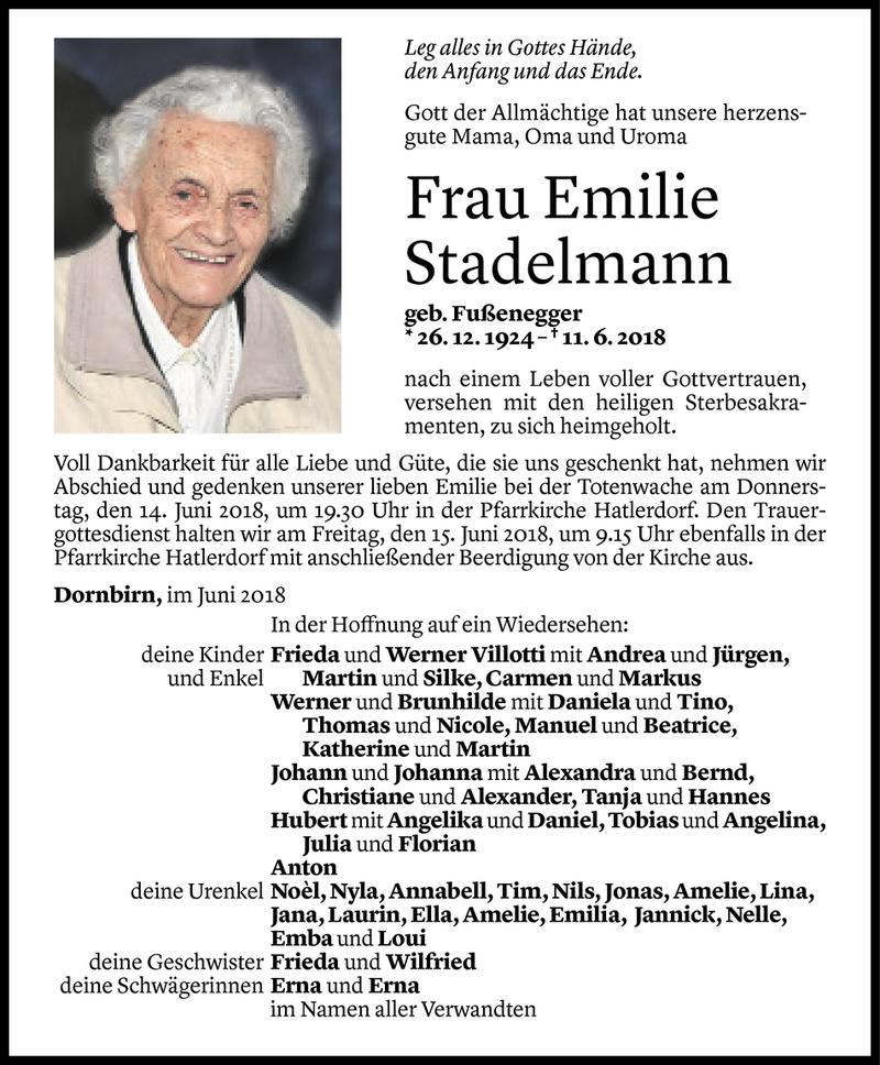  Todesanzeige für Emilie Stadelmann vom 12.06.2018 aus Vorarlberger Nachrichten