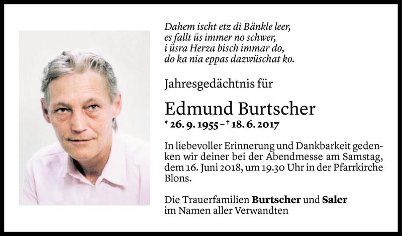  Todesanzeige für Edmund Burtscher vom 13.06.2018 aus Vorarlberger Nachrichten