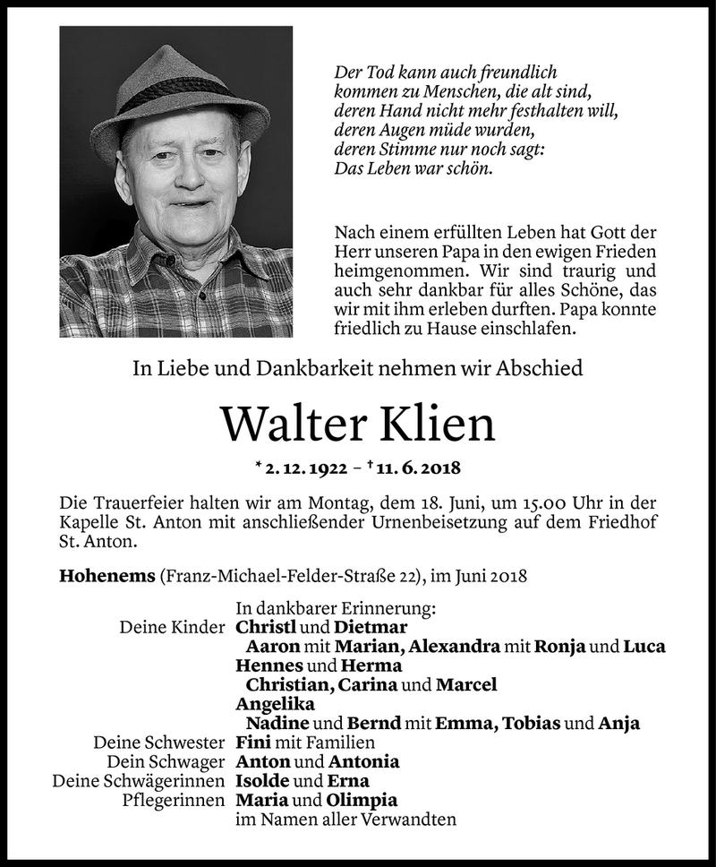  Todesanzeige für Walter Klien vom 14.06.2018 aus Vorarlberger Nachrichten