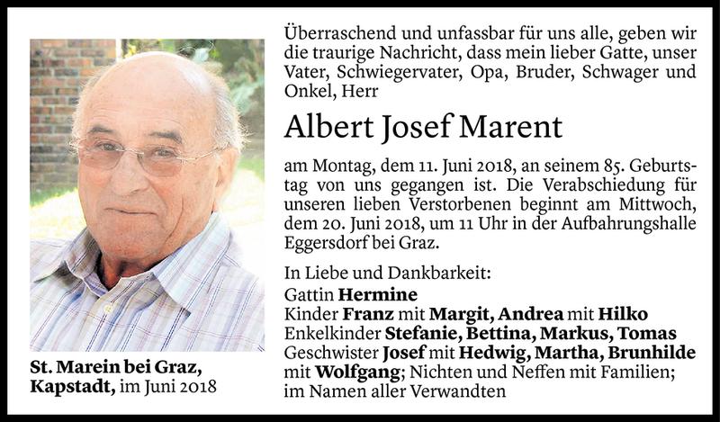  Todesanzeige für Albert Josef Marent vom 13.06.2018 aus Vorarlberger Nachrichten