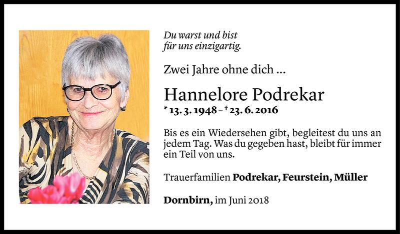  Todesanzeige für Hannelore Podrekar vom 22.06.2018 aus Vorarlberger Nachrichten