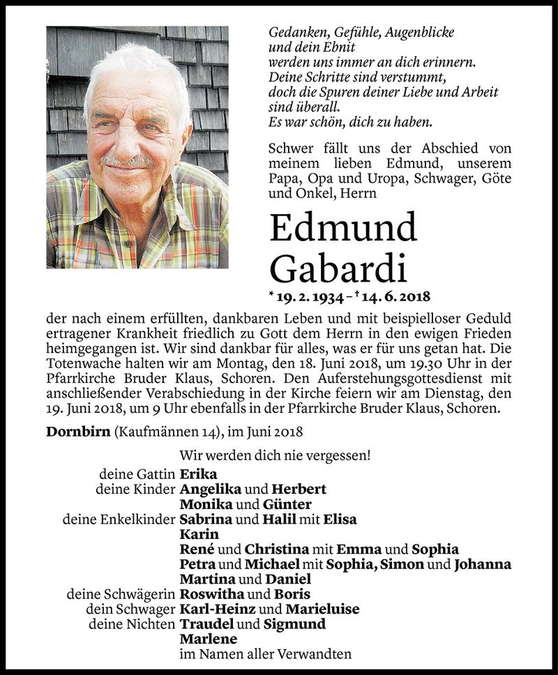  Todesanzeige für Edmund Gabardi vom 15.06.2018 aus Vorarlberger Nachrichten