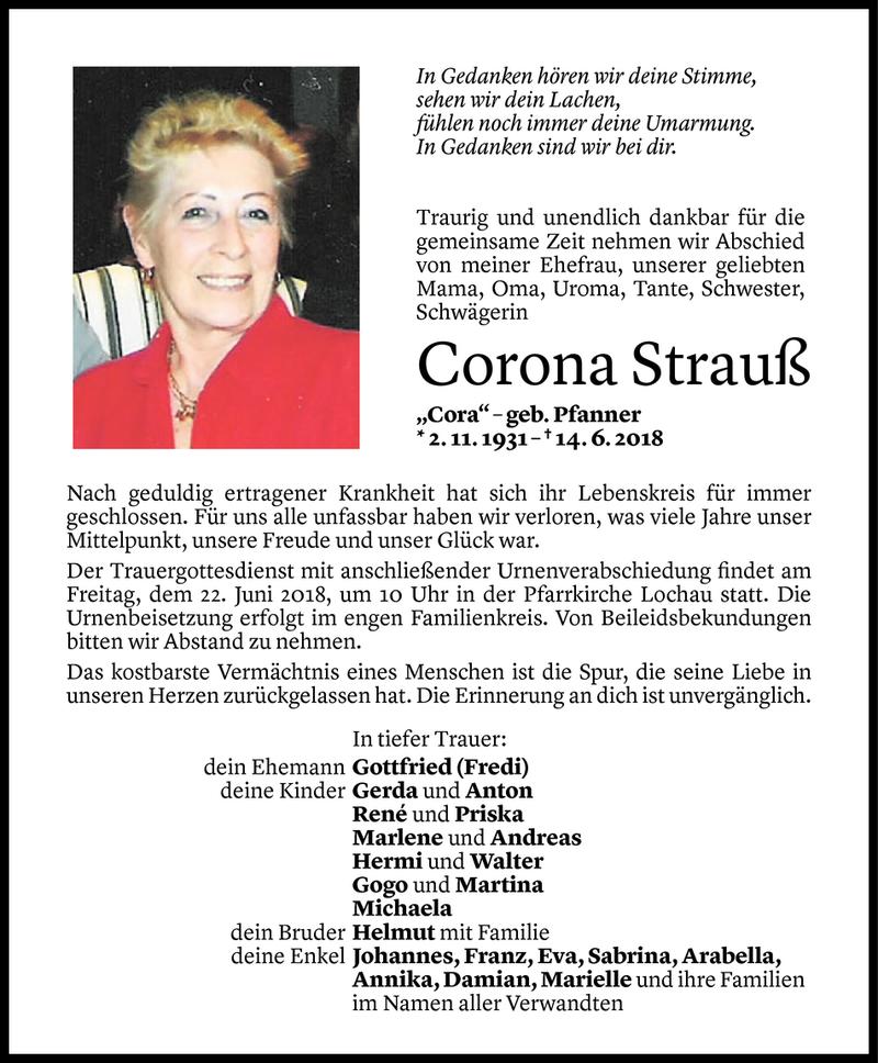  Todesanzeige für Corona Strauß vom 17.06.2018 aus Vorarlberger Nachrichten