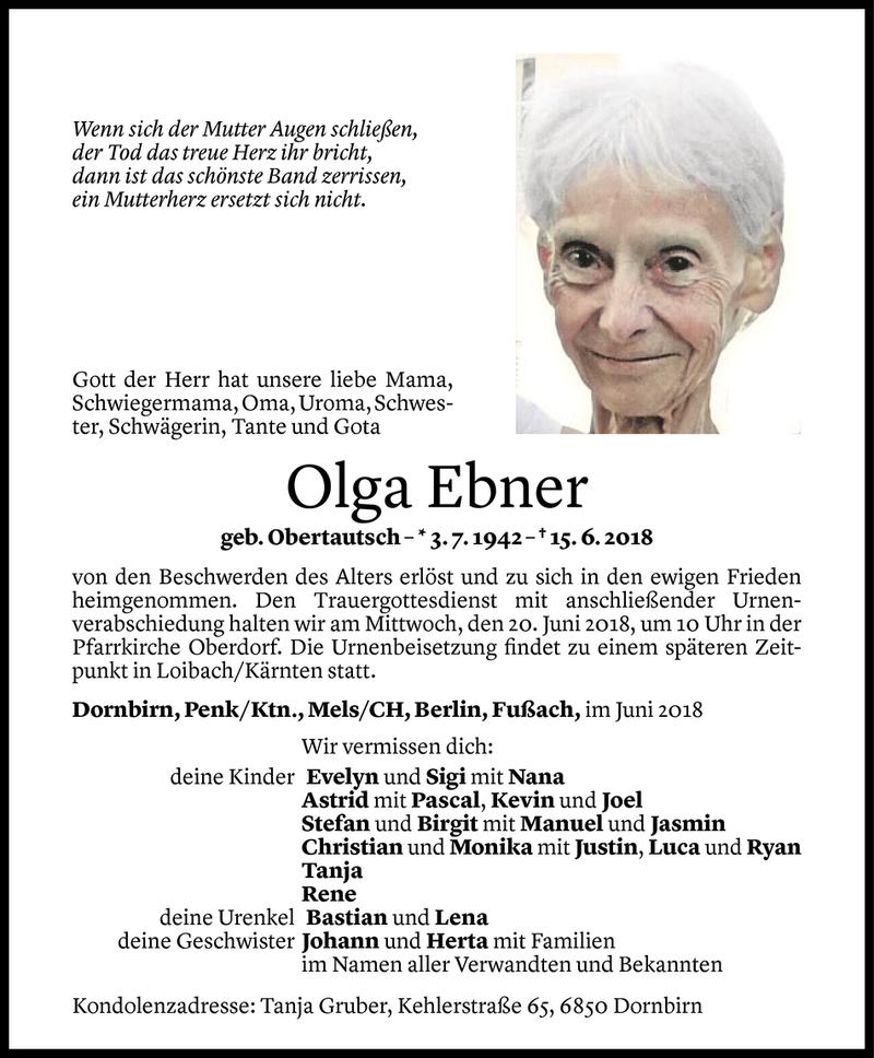  Todesanzeige für Olga Ebner vom 17.06.2018 aus Vorarlberger Nachrichten