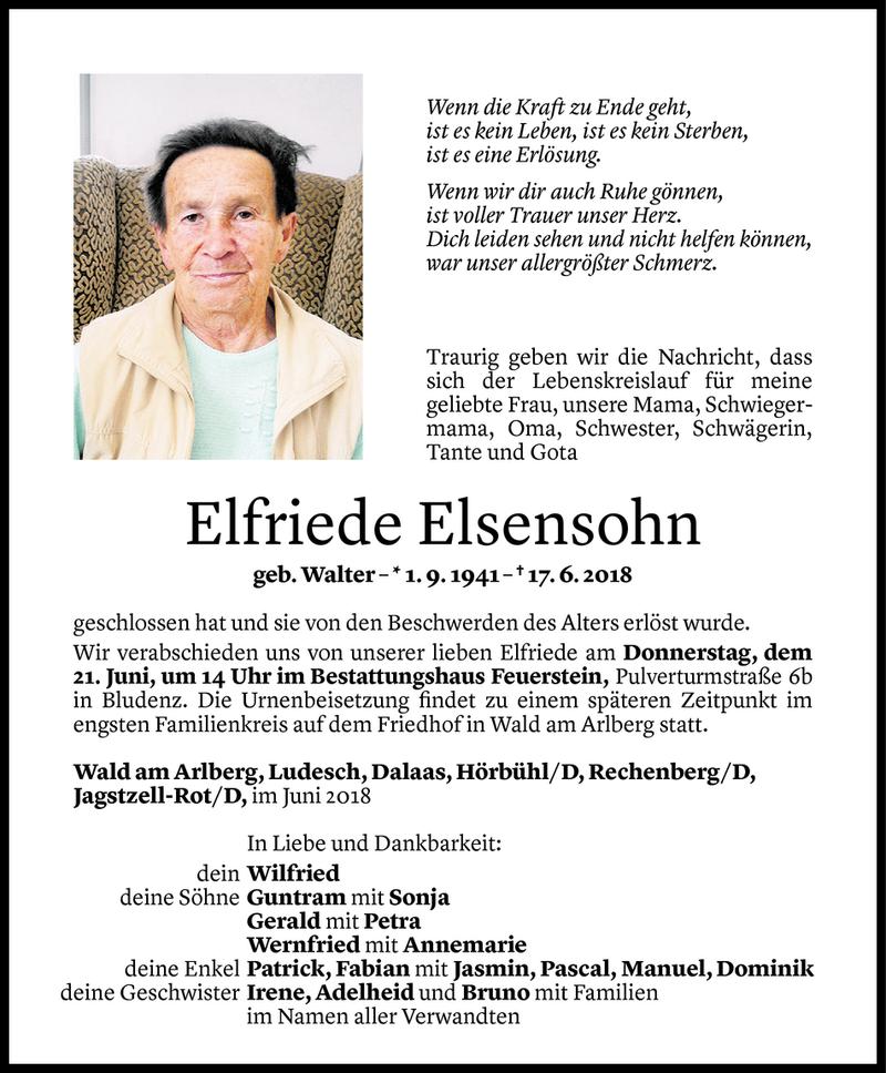  Todesanzeige für Elfriede Elsensohn vom 19.06.2018 aus Vorarlberger Nachrichten