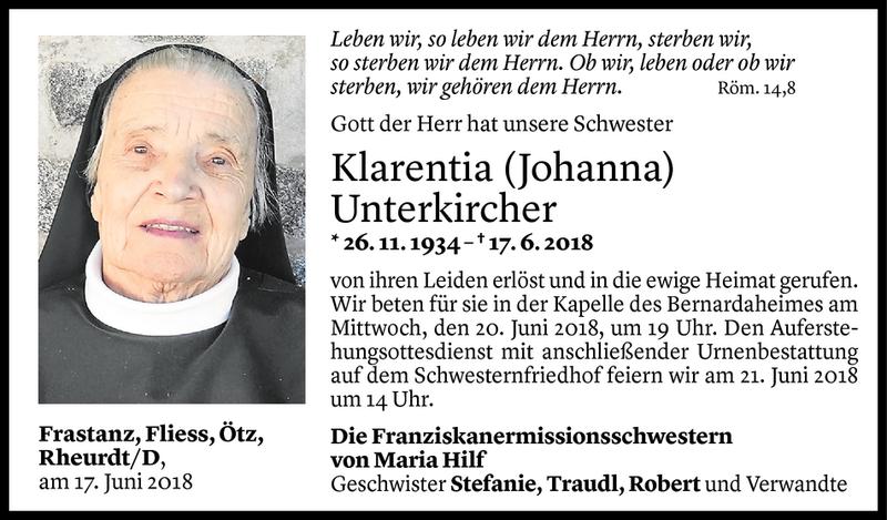  Todesanzeige für Klarentia Unterkircher vom 18.06.2018 aus Vorarlberger Nachrichten